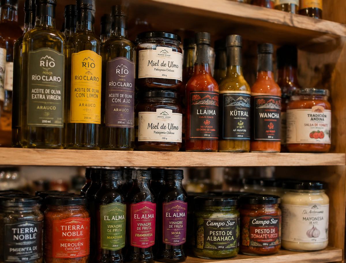 Repisa de almacén con productos etiquetados