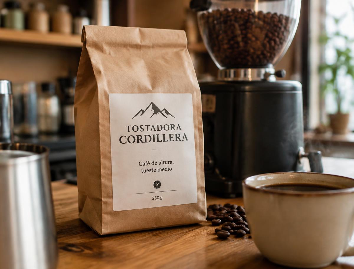Bolsa de café tostado con etiqueta impresa