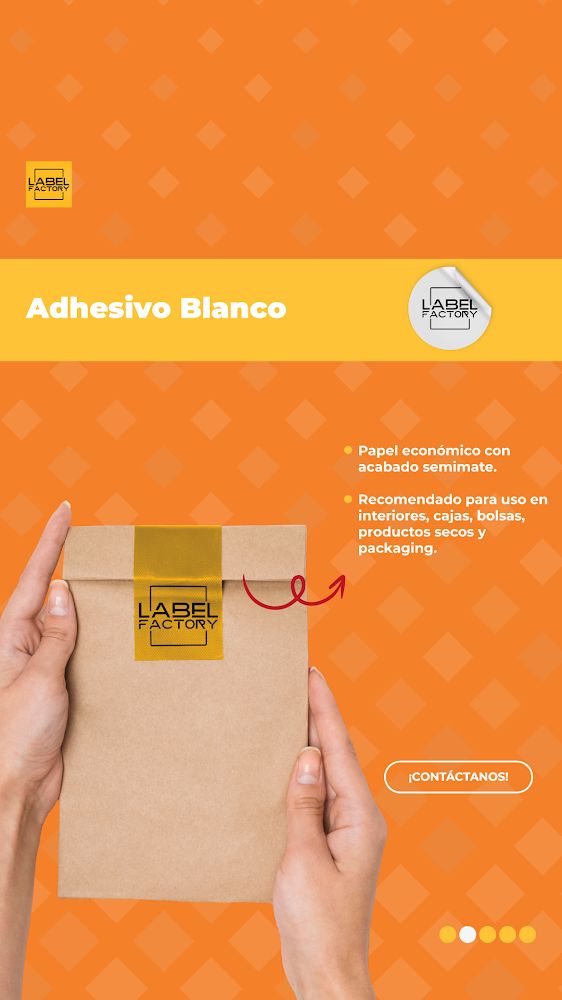Adhesivo blanco: papel económico con acabado semimate, recomendado para interiores, cajas, bolsas y packaging