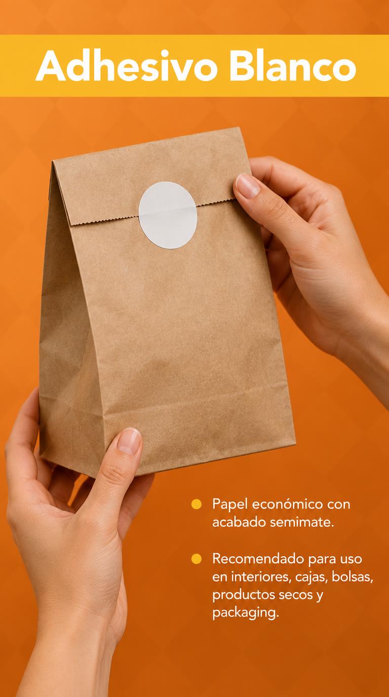 Adhesivo blanco: papel económico con acabado semimate, recomendado para interiores, cajas, bolsas y packaging
