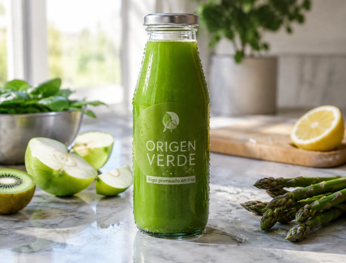 Jugo prensado en frío con etiqueta transparente