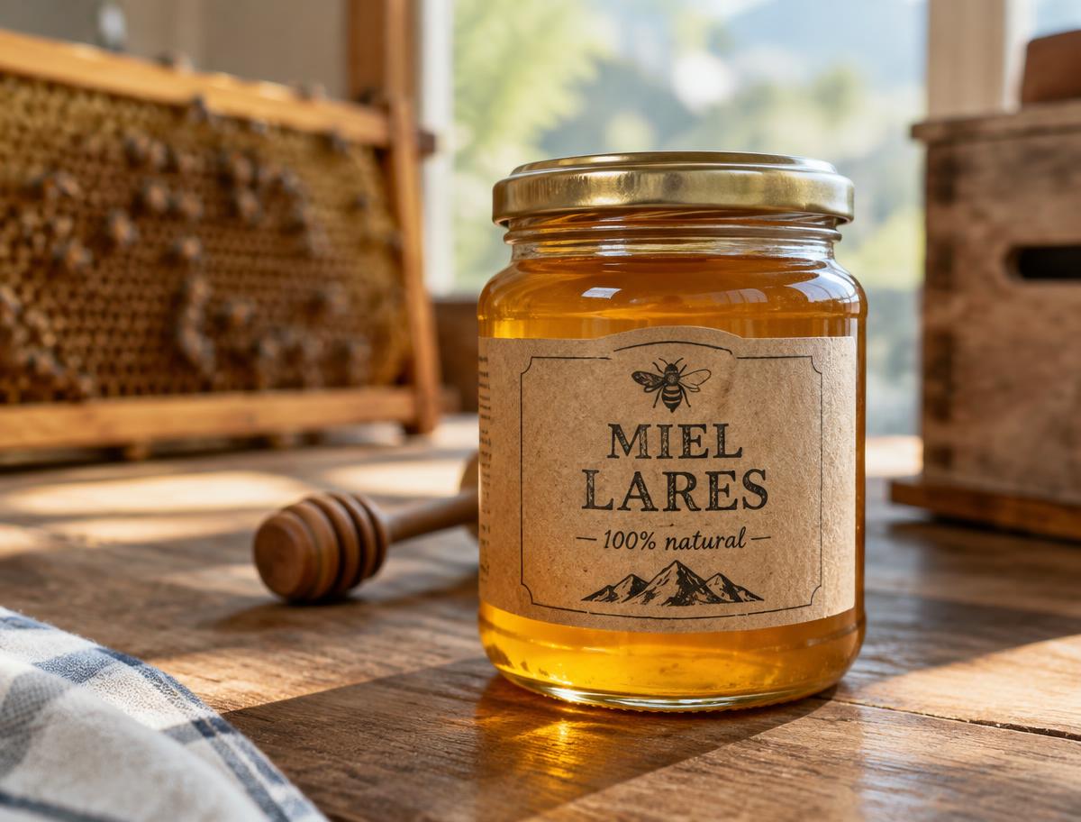 Frasco de miel artesanal con etiqueta kraft